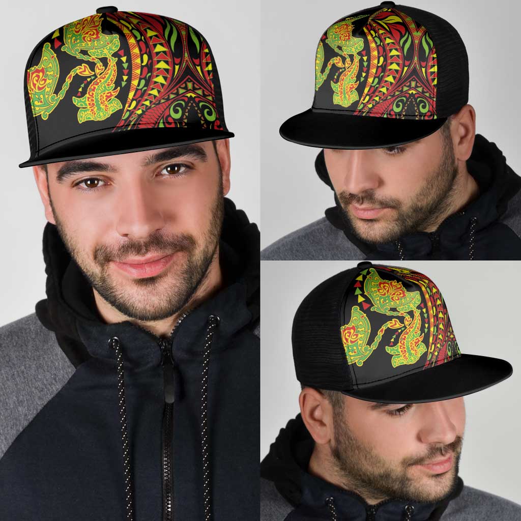 Hawaiian Manta Ray and Hammerhead Shark Tribal Tattoo Mesh Trucker Cap with Polynesian Tribal Pattern Kanaka Maoli Flag Color LT03 - Polynesian Pride
