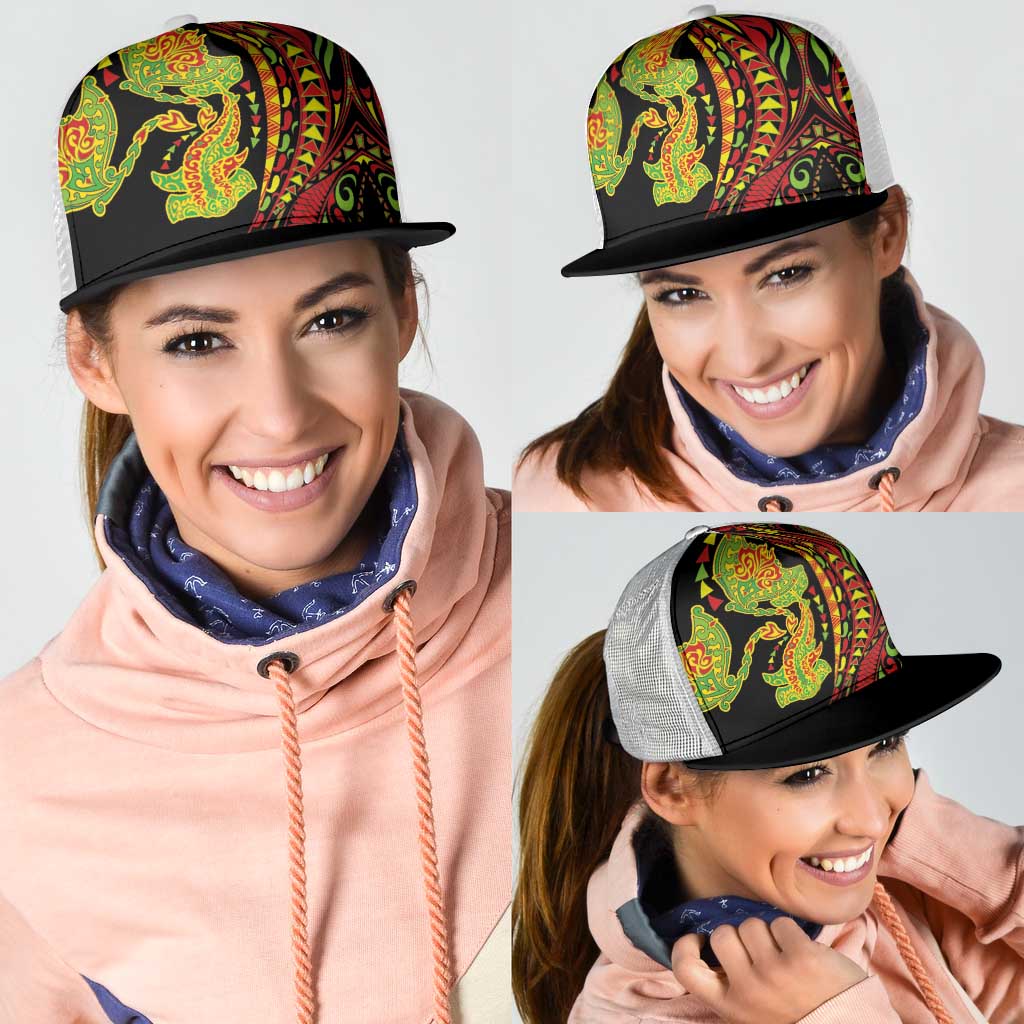 Hawaiian Manta Ray and Hammerhead Shark Tribal Tattoo Mesh Trucker Cap with Polynesian Tribal Pattern Kanaka Maoli Flag Color LT03 - Polynesian Pride
