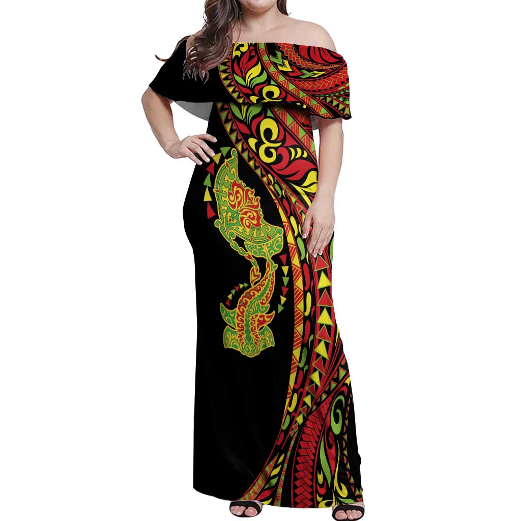 Hawaiian Manta Ray and Hammerhead Shark Tribal Tattoo Off Shoulder Maxi Dress with Polynesian Tribal Pattern Kanaka Maoli Flag Color