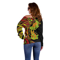 Hawaiian Manta Ray and Hammerhead Shark Tribal Tattoo Off Shoulder Sweater with Polynesian Tribal Pattern Kanaka Maoli Flag Color LT03 - Polynesian Pride