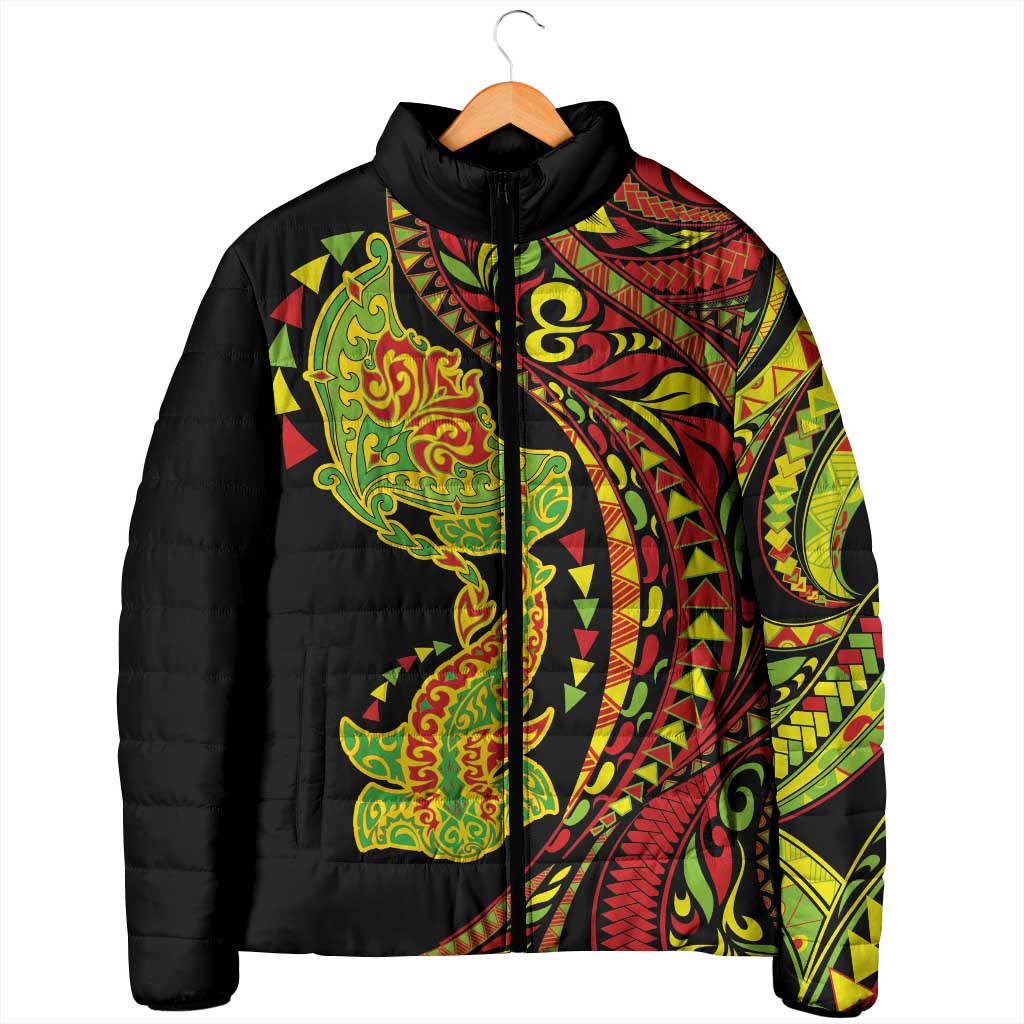 Hawaiian Manta Ray and Hammerhead Shark Tribal Tattoo Padded Jacket with Polynesian Tribal Pattern Kanaka Maoli Flag Color LT03 - Polynesian Pride
