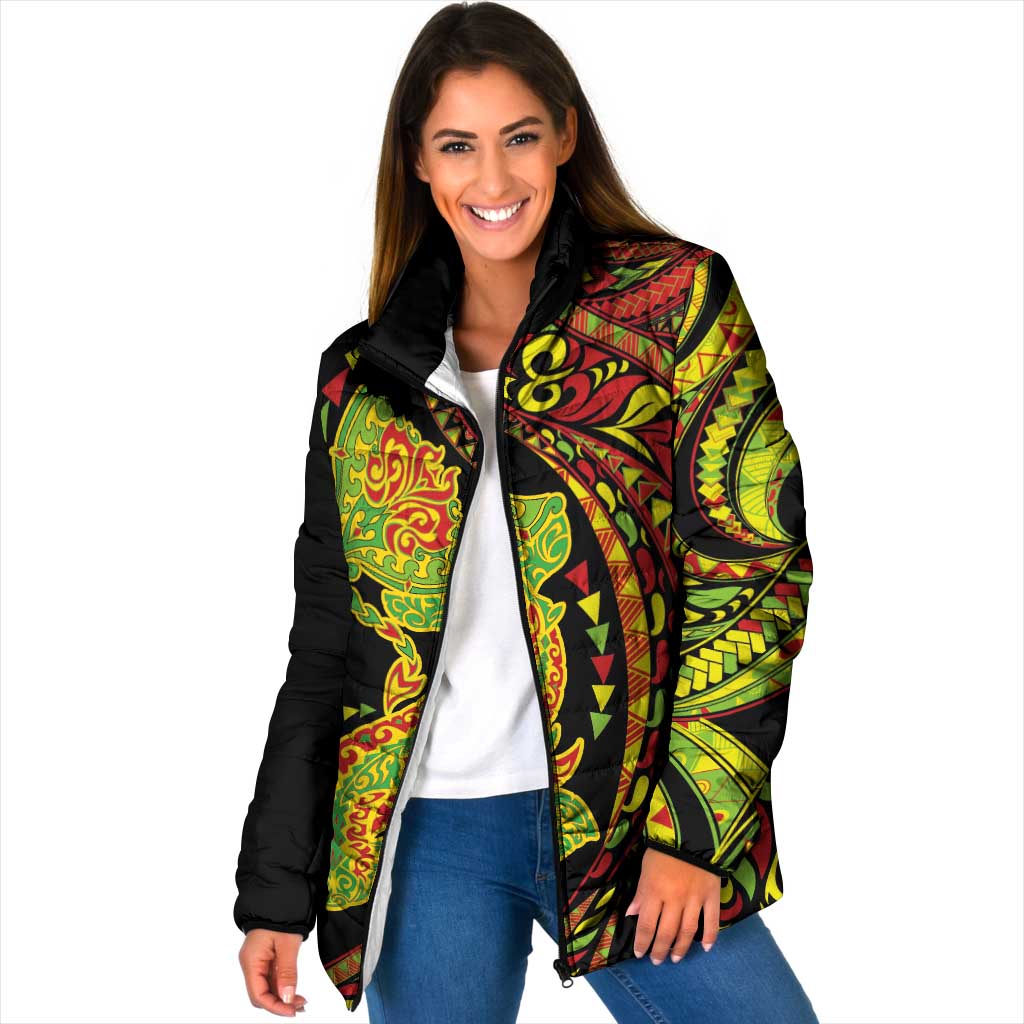 Hawaiian Manta Ray and Hammerhead Shark Tribal Tattoo Padded Jacket with Polynesian Tribal Pattern Kanaka Maoli Flag Color LT03 Women Multicolor - Polynesian Pride