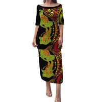 Hawaiian Manta Ray and Hammerhead Shark Tribal Tattoo Puletasi with Polynesian Tribal Pattern Kanaka Maoli Flag Color LT03 Long Dress Multicolor - Polynesian Pride