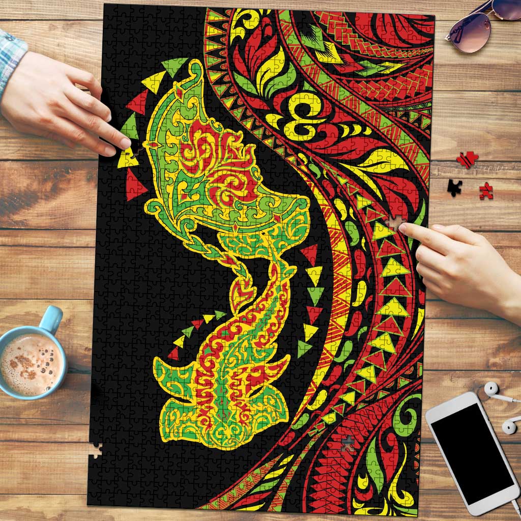 Hawaiian Manta Ray and Hammerhead Shark Tribal Tattoo Puzzle with Polynesian Tribal Pattern Kanaka Maoli Flag Color