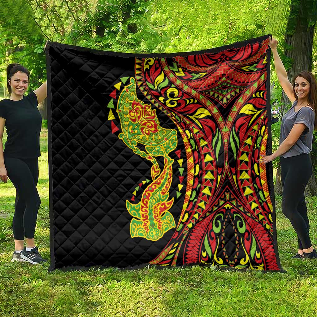 Hawaiian Manta Ray and Hammerhead Shark Tribal Tattoo Quilt with Polynesian Tribal Pattern Kanaka Maoli Flag Color LT03 - Polynesian Pride