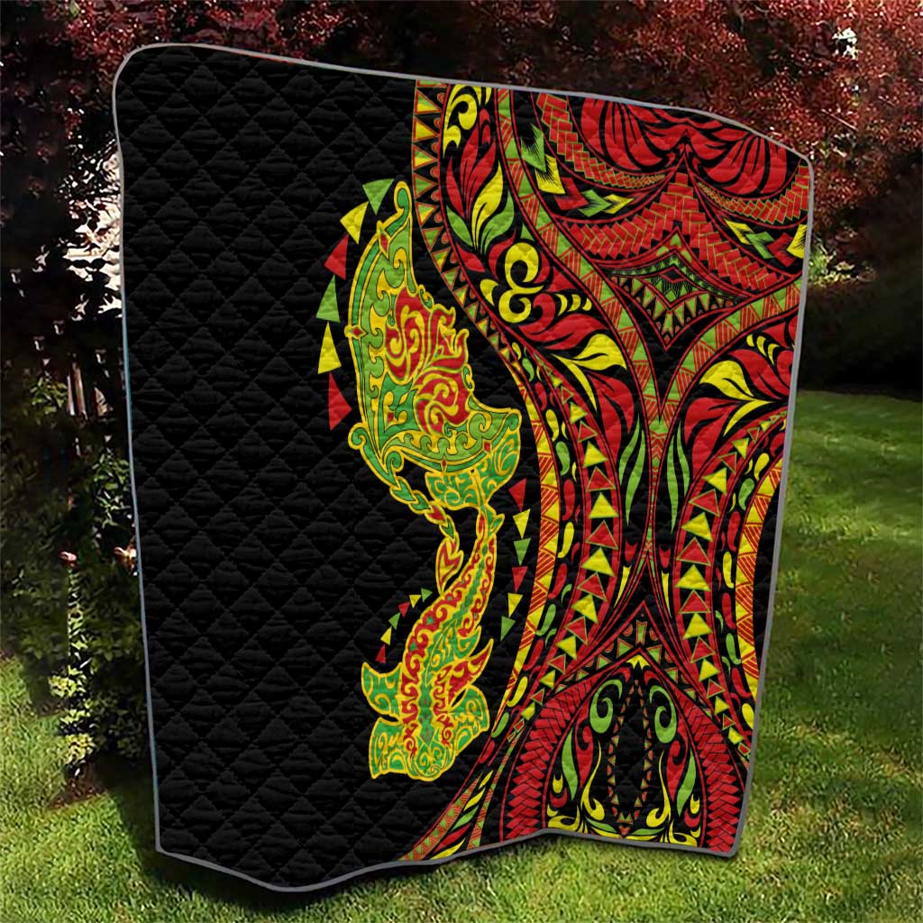 Hawaiian Manta Ray and Hammerhead Shark Tribal Tattoo Quilt with Polynesian Tribal Pattern Kanaka Maoli Flag Color LT03 - Polynesian Pride