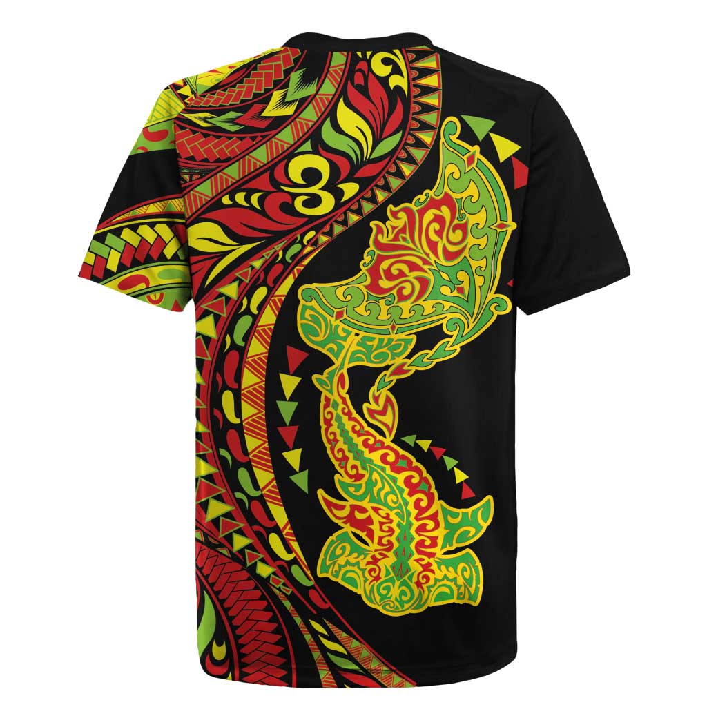 Hawaiian Manta Ray and Hammerhead Shark Tribal Tattoo Rugby Jersey with Polynesian Tribal Pattern Kanaka Maoli Flag Color LT03 - Polynesian Pride