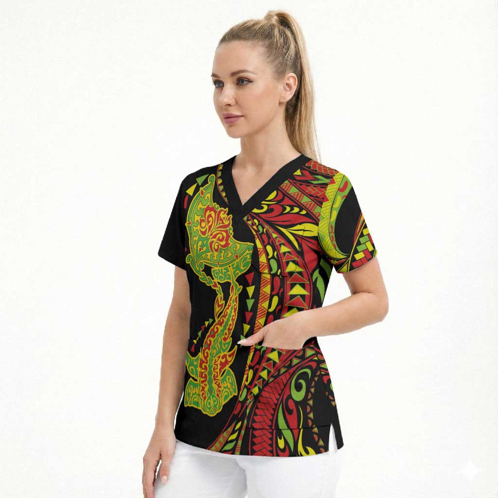 Hawaiian Manta Ray and Hammerhead Shark Tribal Tattoo Scrub Top with Polynesian Tribal Pattern Kanaka Maoli Flag Color LT03 - Polynesian Pride