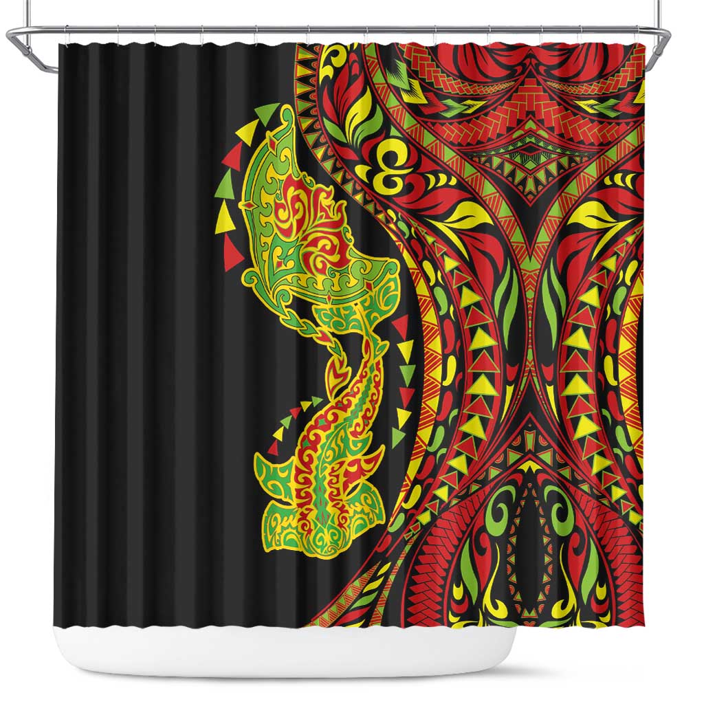 Hawaiian Manta Ray and Hammerhead Shark Tribal Tattoo Shower Curtain with Polynesian Tribal Pattern Kanaka Maoli Flag Color LT03 Multicolor - Polynesian Pride