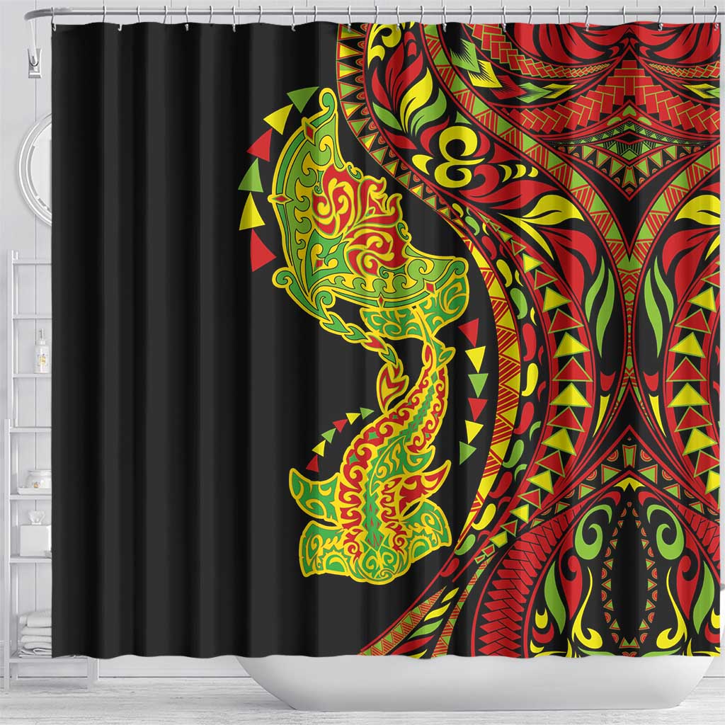 Hawaiian Manta Ray and Hammerhead Shark Tribal Tattoo Shower Curtain with Polynesian Tribal Pattern Kanaka Maoli Flag Color LT03 - Polynesian Pride
