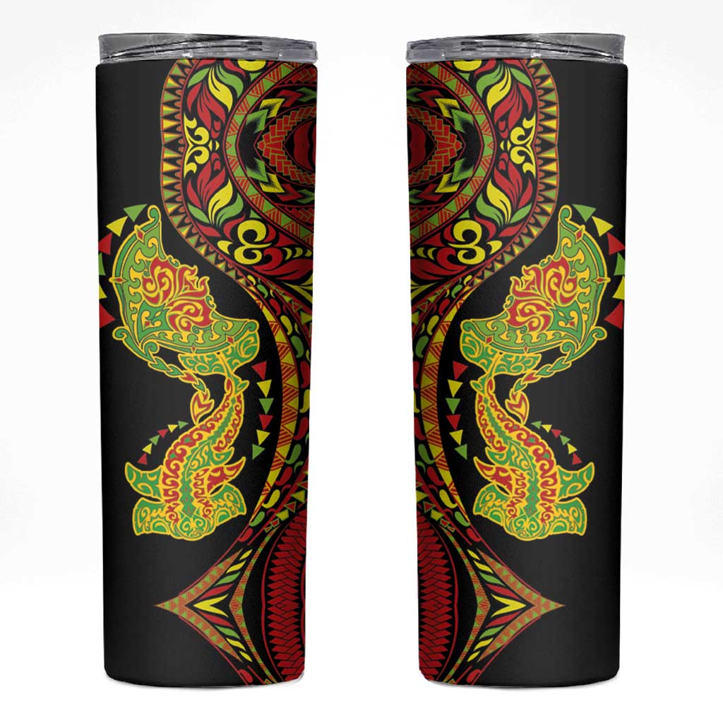 Hawaiian Manta Ray and Hammerhead Shark Tribal Tattoo Skinny Tumbler with Polynesian Tribal Pattern Kanaka Maoli Flag Color