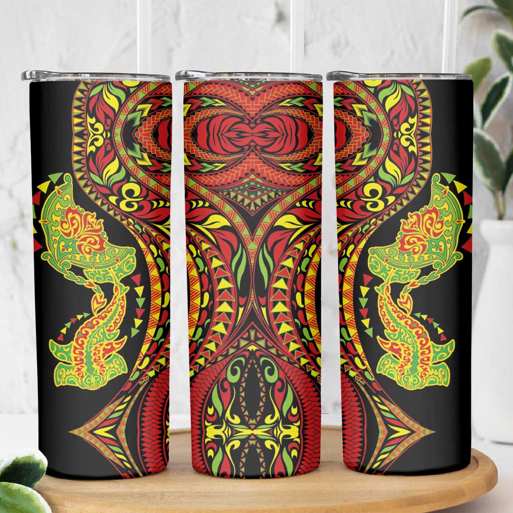 Hawaiian Manta Ray and Hammerhead Shark Tribal Tattoo Skinny Tumbler with Polynesian Tribal Pattern Kanaka Maoli Flag Color LT03 - Polynesian Pride