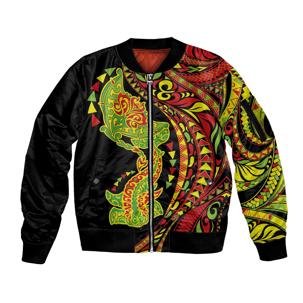 Hawaiian Manta Ray and Hammerhead Shark Tribal Tattoo Sleeve Zip Bomber Jacket with Polynesian Tribal Pattern Kanaka Maoli Flag Color LT03 Unisex Multicolor - Polynesian Pride