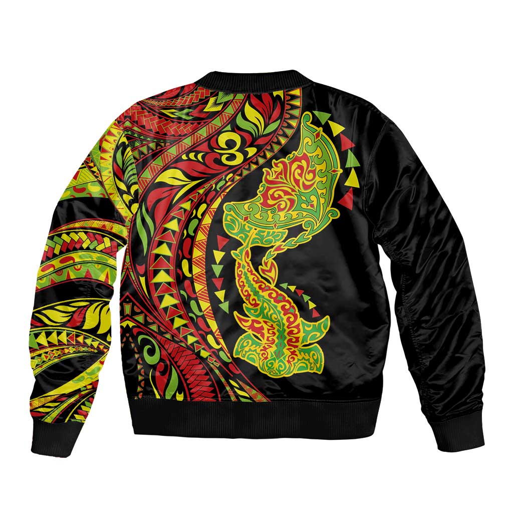 Hawaiian Manta Ray and Hammerhead Shark Tribal Tattoo Sleeve Zip Bomber Jacket with Polynesian Tribal Pattern Kanaka Maoli Flag Color LT03 - Polynesian Pride
