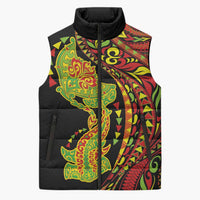 Hawaiian Manta Ray and Hammerhead Shark Tribal Tattoo Sleeveless Puffer Jacket with Polynesian Tribal Pattern Kanaka Maoli Flag Color LT03 Unisex Multicolor - Polynesian Pride