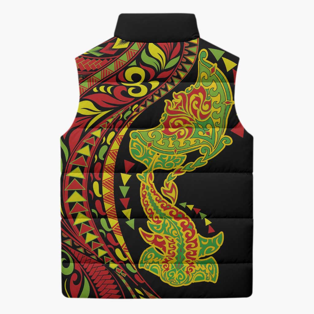 Hawaiian Manta Ray and Hammerhead Shark Tribal Tattoo Sleeveless Puffer Jacket with Polynesian Tribal Pattern Kanaka Maoli Flag Color LT03 - Polynesian Pride