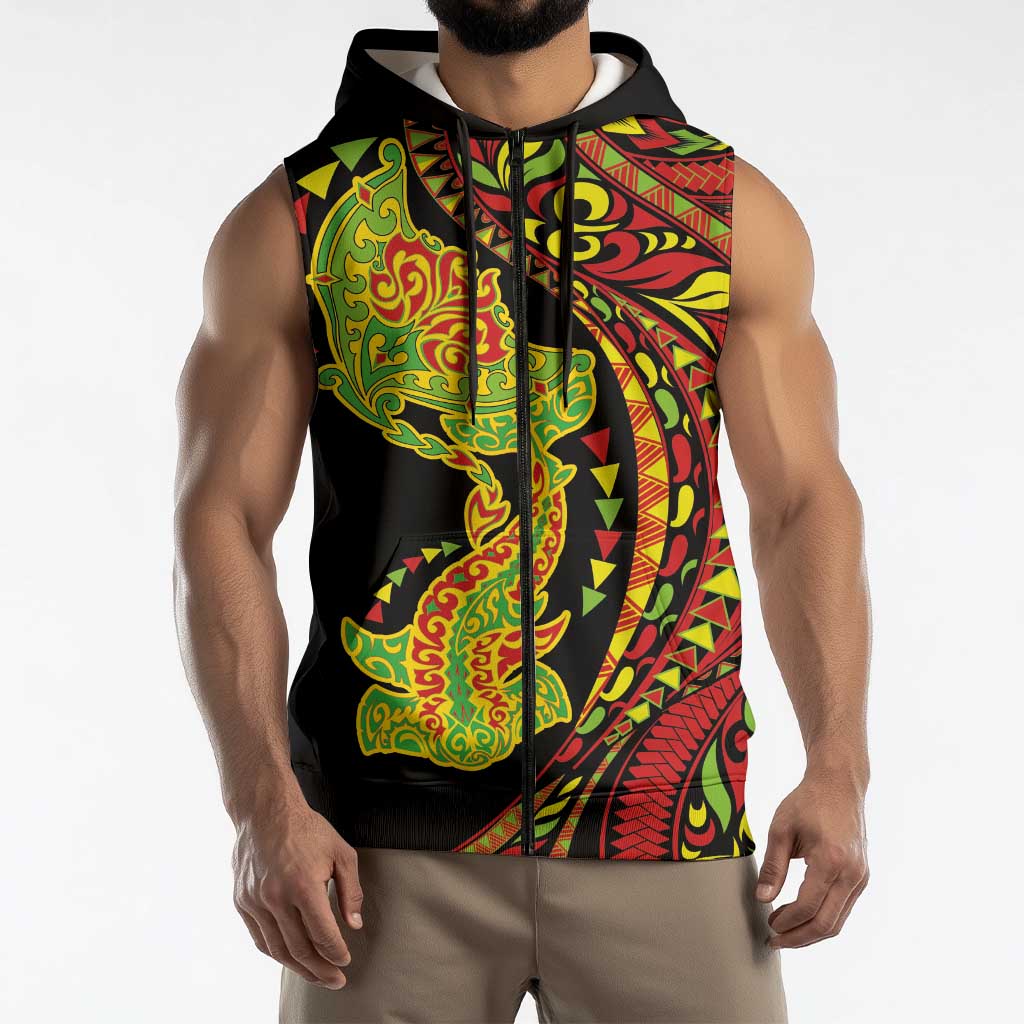 Hawaiian Manta Ray and Hammerhead Shark Tribal Tattoo Sleeveless Zip Hoodie with Polynesian Tribal Pattern Kanaka Maoli Flag Color LT03 - Polynesian Pride