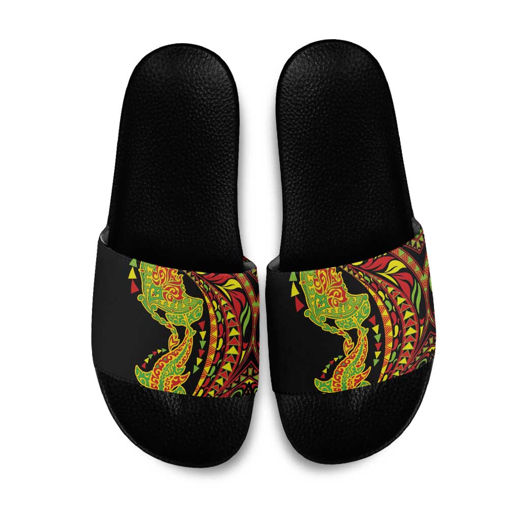Hawaiian Manta Ray and Hammerhead Shark Tribal Tattoo Slide Sandals with Polynesian Tribal Pattern Kanaka Maoli Flag Color