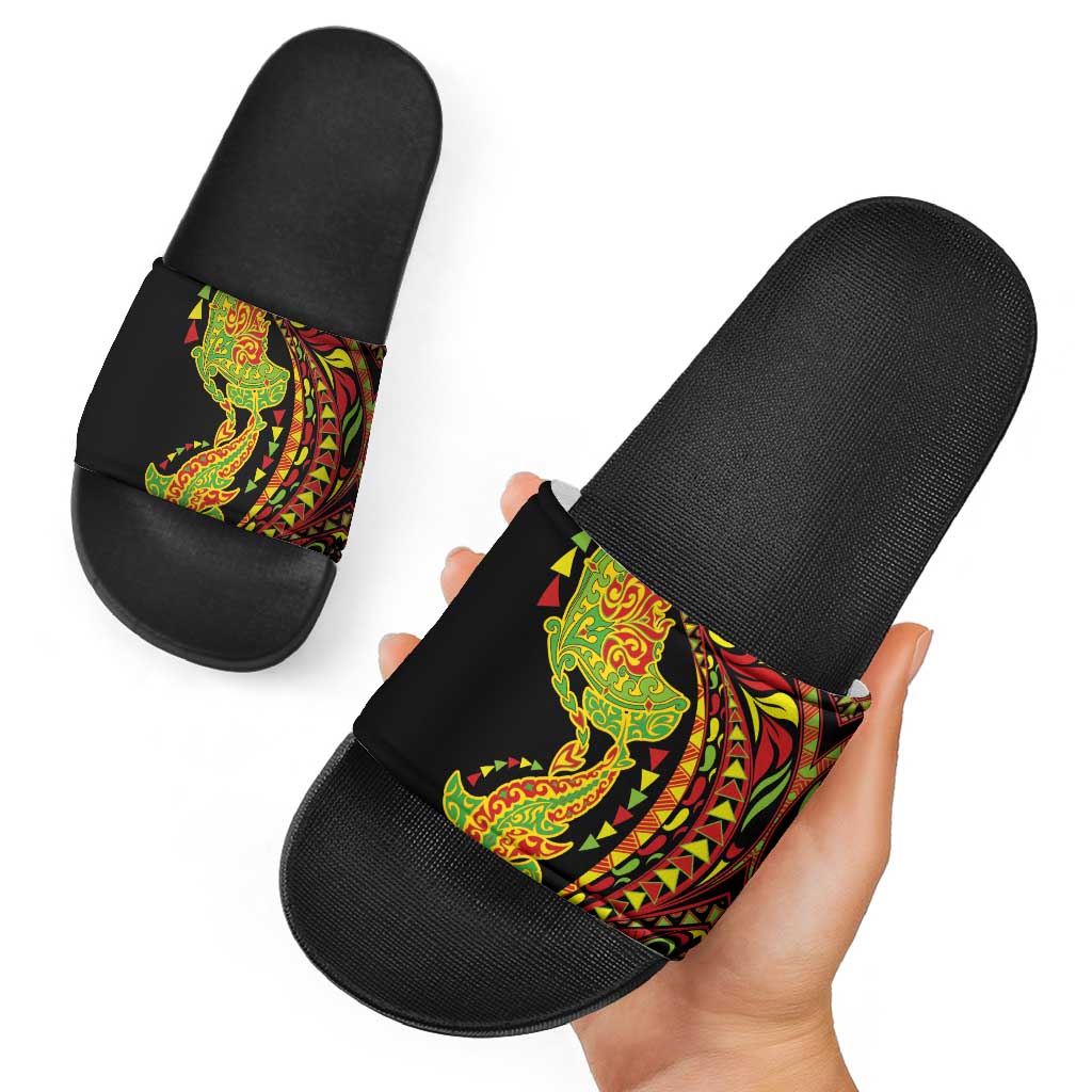 Hawaiian Manta Ray and Hammerhead Shark Tribal Tattoo Slide Sandals with Polynesian Tribal Pattern Kanaka Maoli Flag Color LT03 - Polynesian Pride