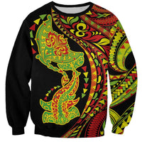 Hawaiian Manta Ray and Hammerhead Shark Tribal Tattoo Sweatshirt with Polynesian Tribal Pattern Kanaka Maoli Flag Color LT03 Unisex Multicolor - Polynesian Pride