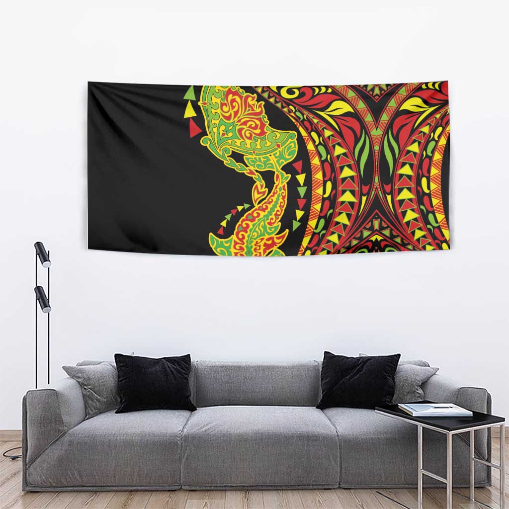 Hawaiian Manta Ray and Hammerhead Shark Tribal Tattoo Tapestry with Polynesian Tribal Pattern Kanaka Maoli Flag Color LT03 - Polynesian Pride