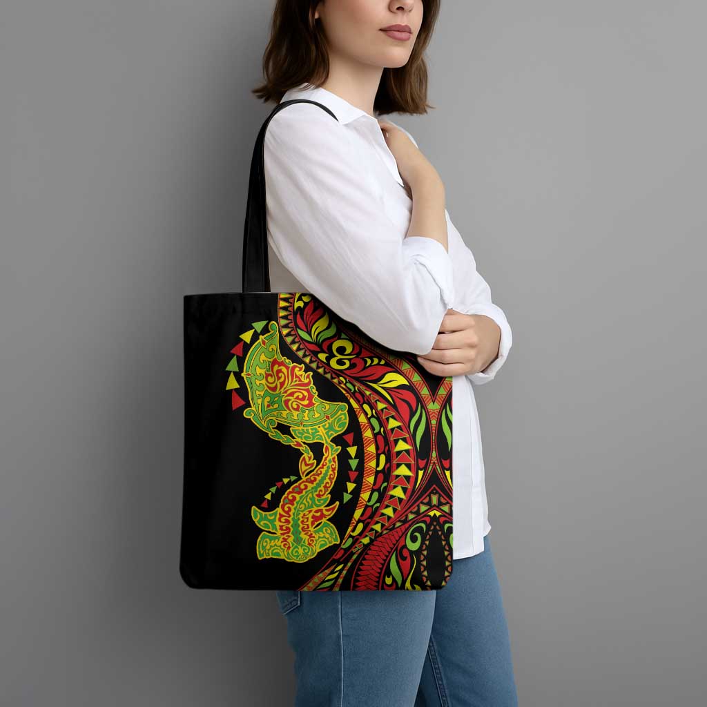 Hawaiian Manta Ray and Hammerhead Shark Tribal Tattoo Tote Bag with Polynesian Tribal Pattern Kanaka Maoli Flag Color LT03 - Polynesian Pride