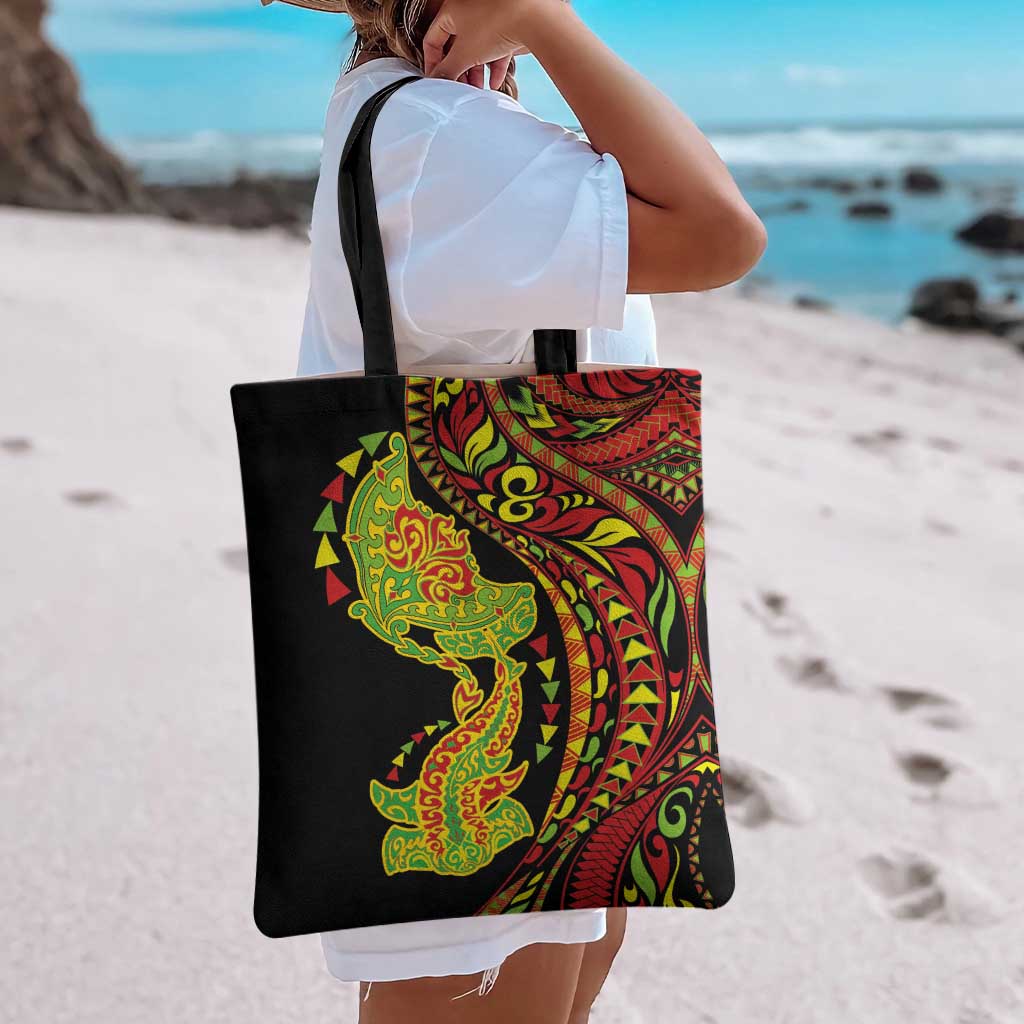 Hawaiian Manta Ray and Hammerhead Shark Tribal Tattoo Tote Bag with Polynesian Tribal Pattern Kanaka Maoli Flag Color LT03 - Polynesian Pride