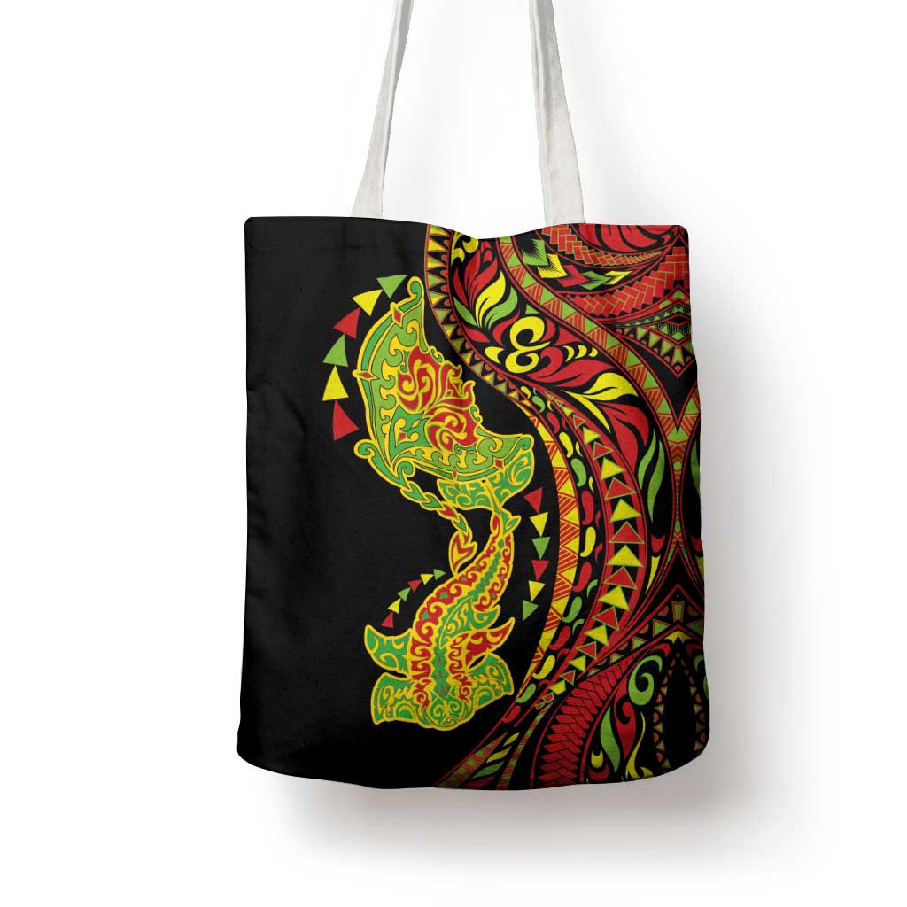 Hawaiian Manta Ray and Hammerhead Shark Tribal Tattoo Tote Bag with Polynesian Tribal Pattern Kanaka Maoli Flag Color LT03 - Polynesian Pride