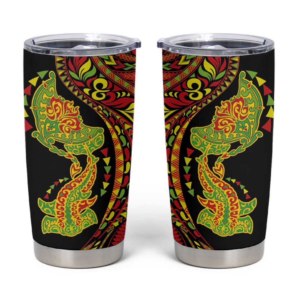 Hawaiian Manta Ray and Hammerhead Shark Tribal Tattoo Tumbler Cup with Polynesian Tribal Pattern Kanaka Maoli Flag Color LT03 Multicolor - Polynesian Pride