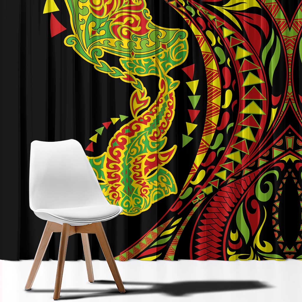Hawaiian Manta Ray and Hammerhead Shark Tribal Tattoo Window Curtain with Polynesian Tribal Pattern Kanaka Maoli Flag Color LT03 - Polynesian Pride