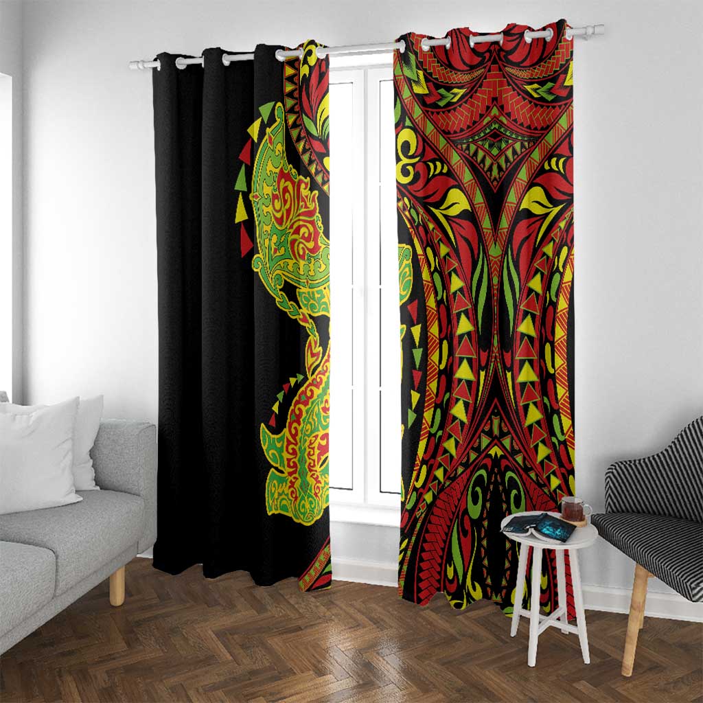 Hawaiian Manta Ray and Hammerhead Shark Tribal Tattoo Window Curtain with Polynesian Tribal Pattern Kanaka Maoli Flag Color LT03 With Grommets Multicolor - Polynesian Pride