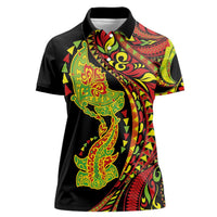 Hawaiian Manta Ray and Hammerhead Shark Tribal Tattoo Women Polo Shirt with Polynesian Tribal Pattern Kanaka Maoli Flag Color LT03 Female Multicolor - Polynesian Pride