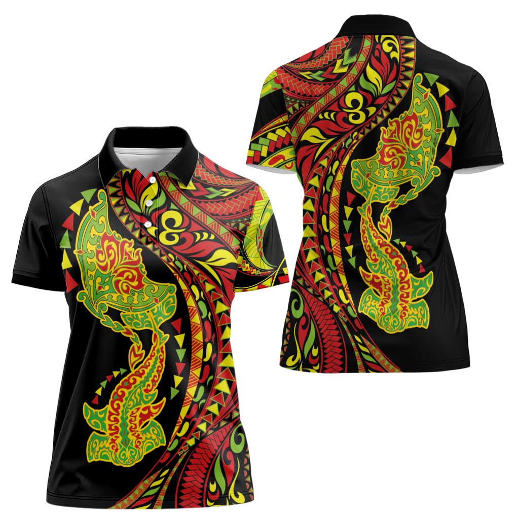 Hawaiian Manta Ray and Hammerhead Shark Tribal Tattoo Women Polo Shirt with Polynesian Tribal Pattern Kanaka Maoli Flag Color LT03 - Polynesian Pride