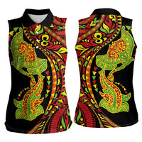 Hawaiian Manta Ray and Hammerhead Shark Tribal Tattoo Women Sleeveless Polo Shirt with Polynesian Tribal Pattern Kanaka Maoli Flag Color LT03 - Polynesian Pride