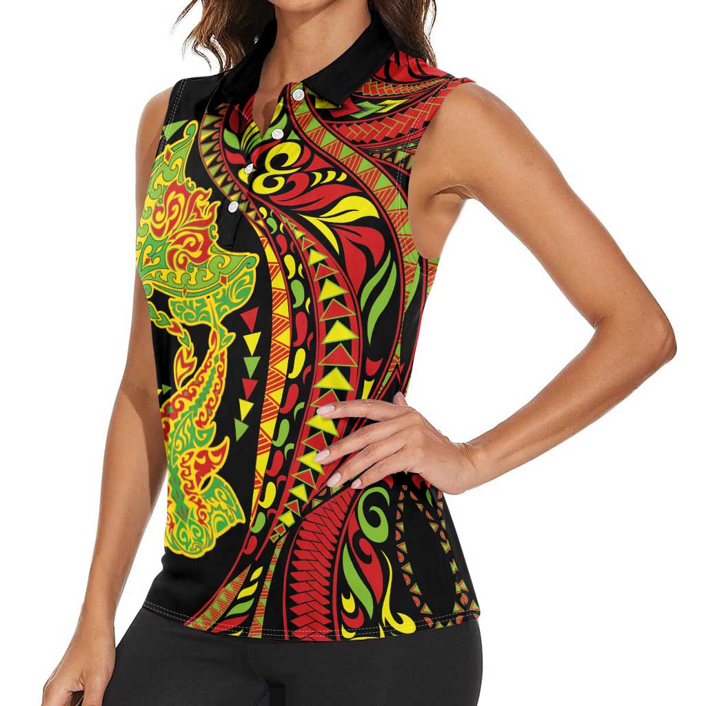 Hawaiian Manta Ray and Hammerhead Shark Tribal Tattoo Women Sleeveless Polo Shirt with Polynesian Tribal Pattern Kanaka Maoli Flag Color LT03 - Polynesian Pride