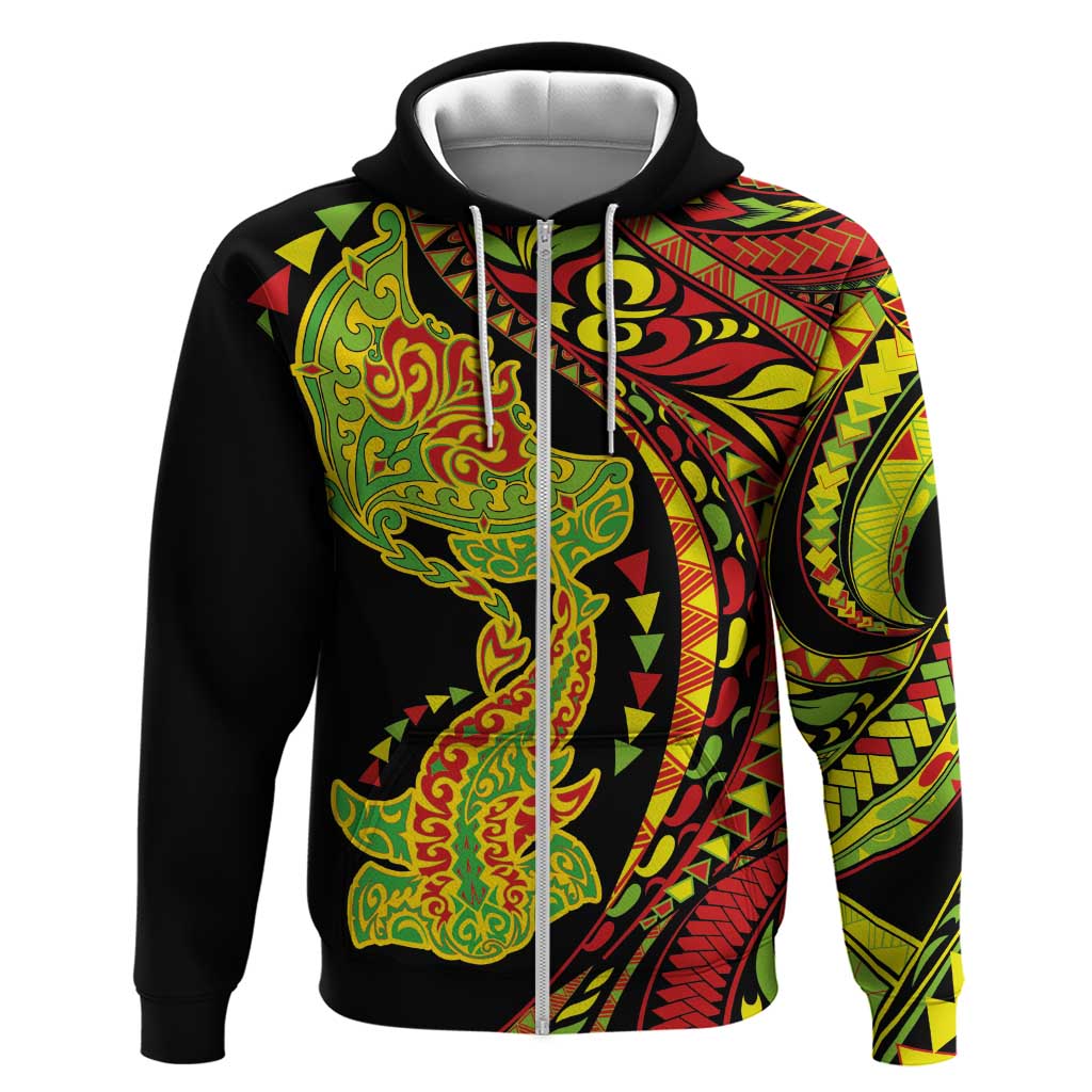 Hawaiian Manta Ray and Hammerhead Shark Tribal Tattoo Zip Hoodie with Polynesian Tribal Pattern Kanaka Maoli Flag Color LT03 Zip Hoodie Multicolor - Polynesian Pride