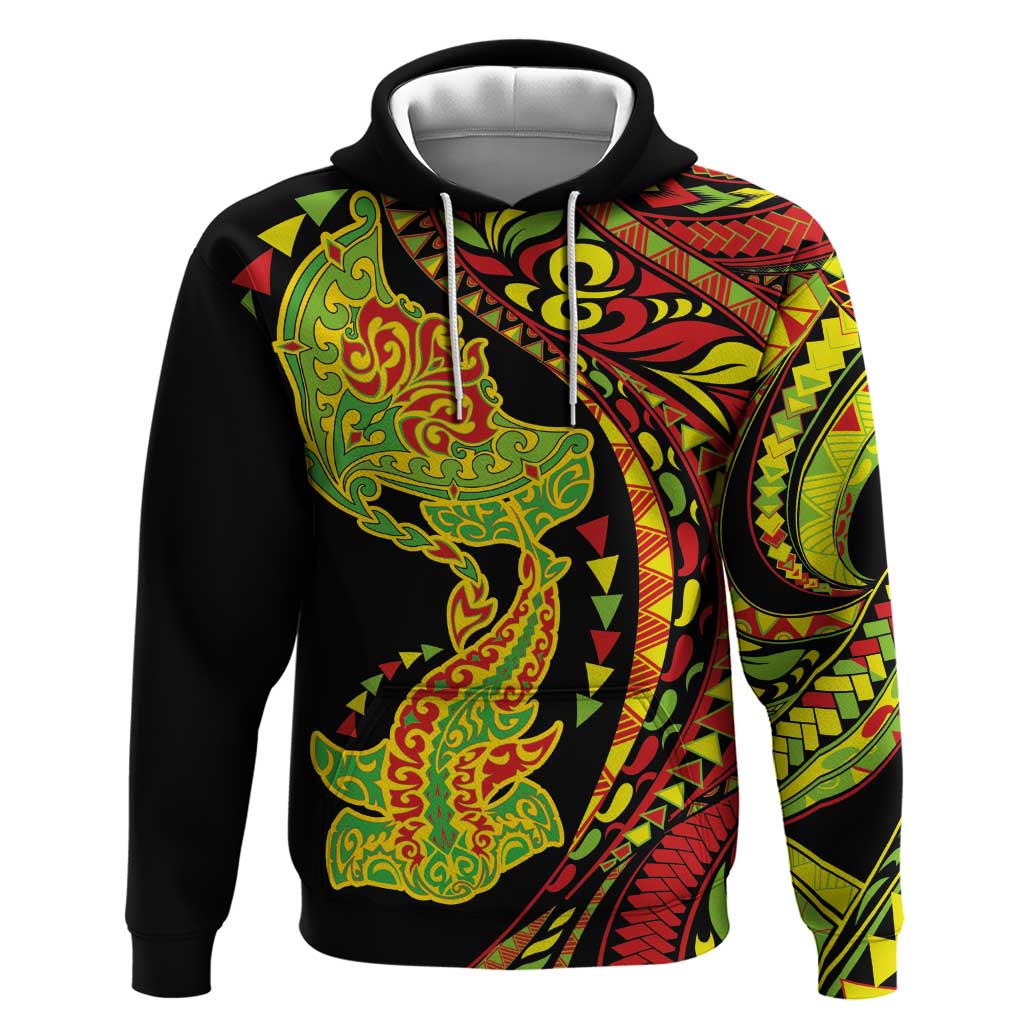 Hawaiian Manta Ray and Hammerhead Shark Tribal Tattoo Zip Hoodie with Polynesian Tribal Pattern Kanaka Maoli Flag Color LT03 Pullover Hoodie Multicolor - Polynesian Pride
