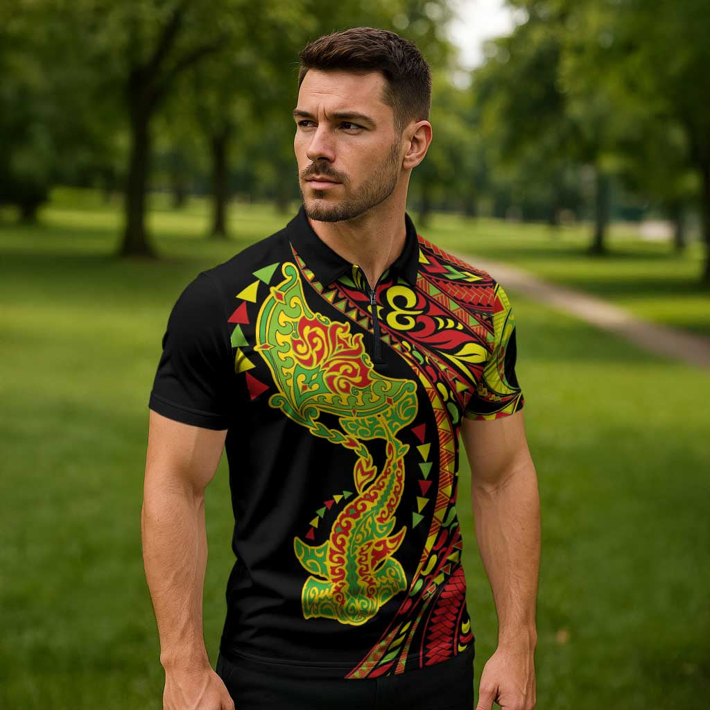 Hawaiian Manta Ray and Hammerhead Shark Tribal Tattoo Zipper Polo Shirt with Polynesian Tribal Pattern Kanaka Maoli Flag Color LT03 - Polynesian Pride