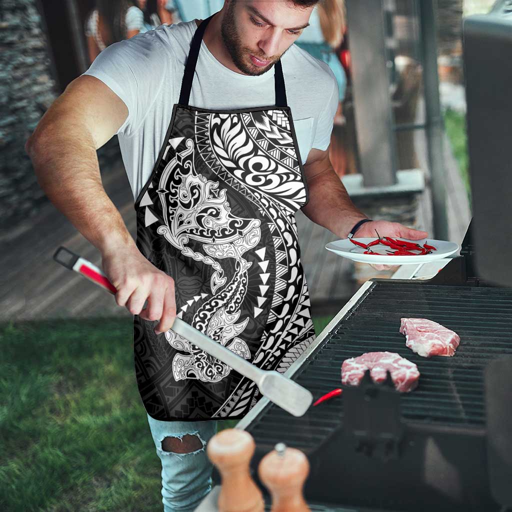 Hawaiian Manta Ray and Hammerhead Shark Tribal Tattoo Apron with Polynesian Tribal Pattern Black-White Color
