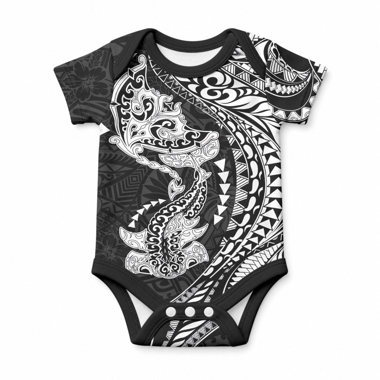 Hawaiian Manta Ray and Hammerhead Shark Tribal Tattoo Baby Onesie with Polynesian Tribal Pattern Black-White Color