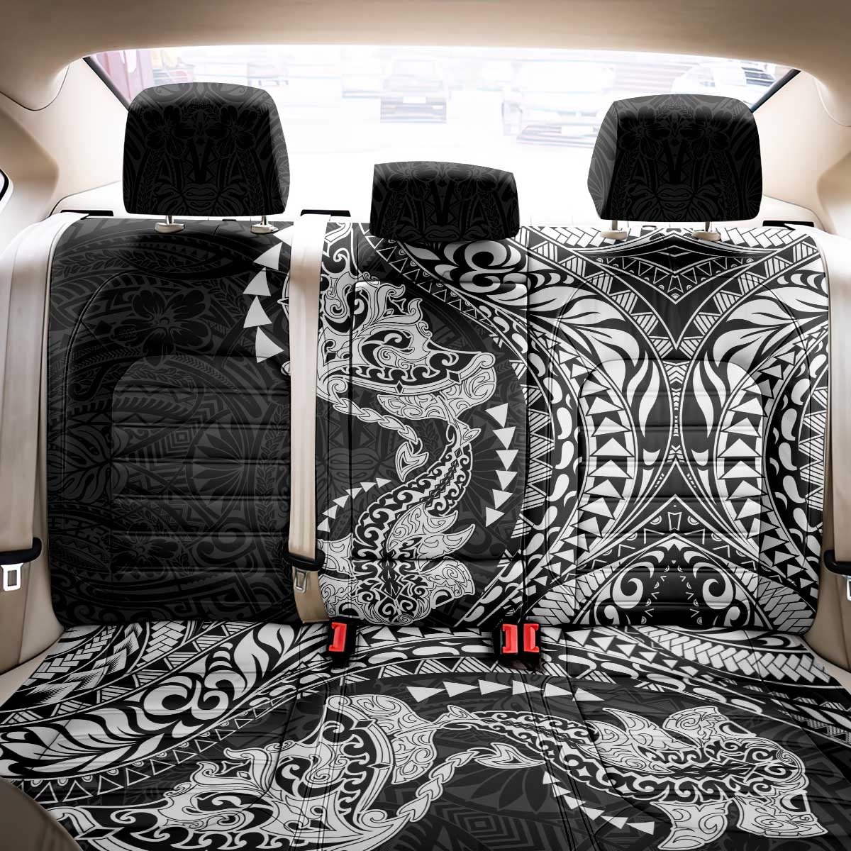 Hawaiian Manta Ray and Hammerhead Shark Tribal Tattoo Back Car Seat Cover with Polynesian Tribal Pattern Black-White Color LT03 - Polynesian Pride