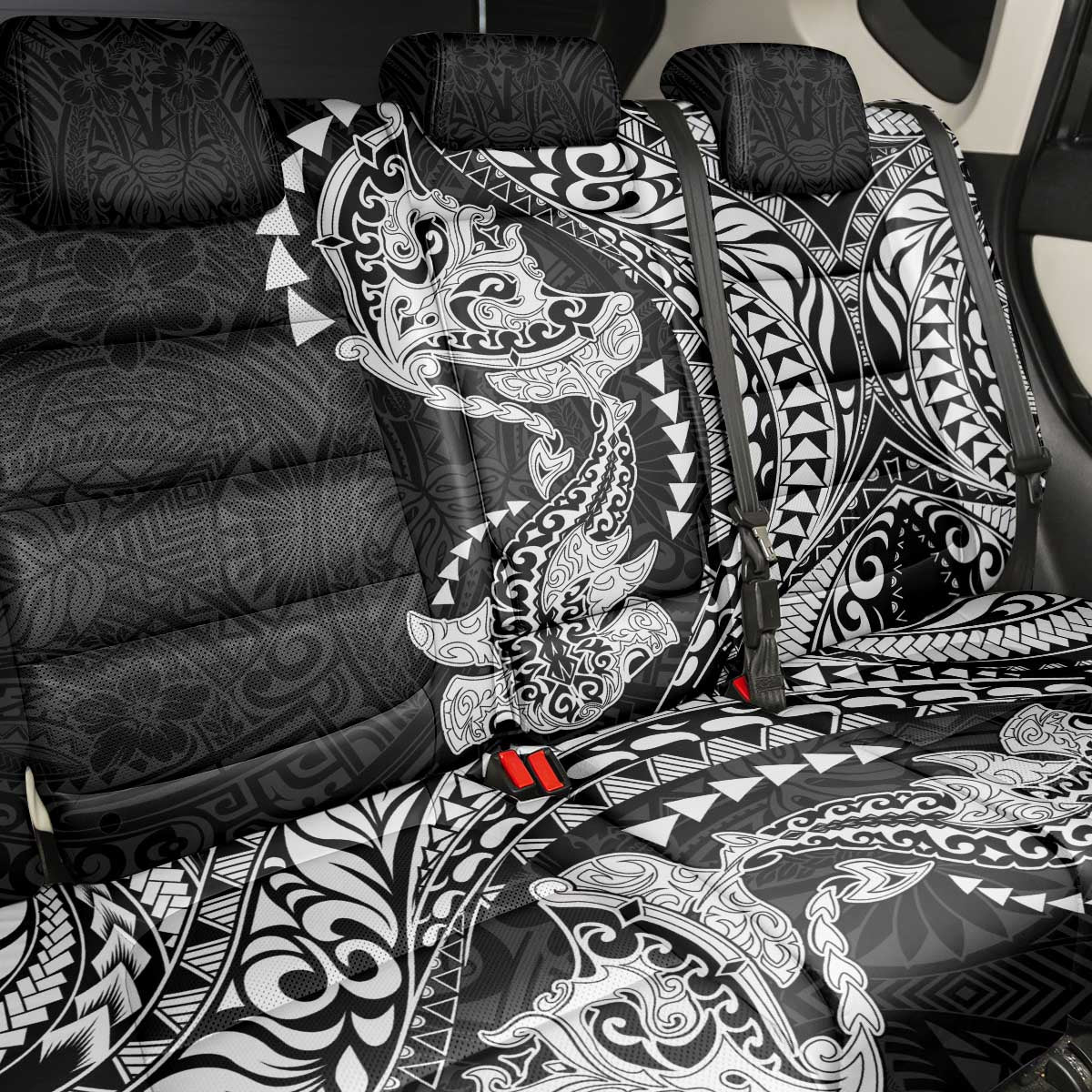Hawaiian Manta Ray and Hammerhead Shark Tribal Tattoo Back Car Seat Cover with Polynesian Tribal Pattern Black-White Color LT03 - Polynesian Pride