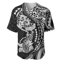 Hawaiian Manta Ray and Hammerhead Shark Tribal Tattoo Baseball Jersey with Polynesian Tribal Pattern Black-White Color