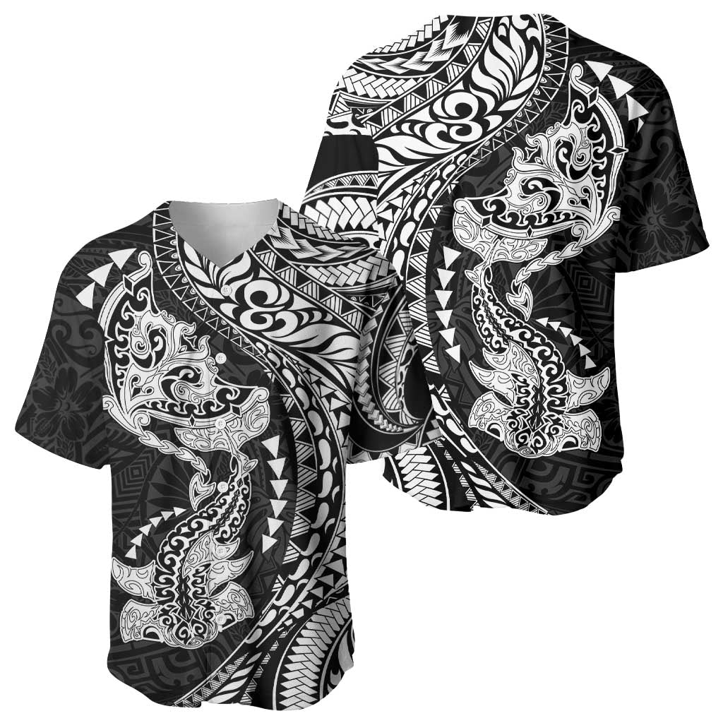 Hawaiian Manta Ray and Hammerhead Shark Tribal Tattoo Baseball Jersey with Polynesian Tribal Pattern Black-White Color