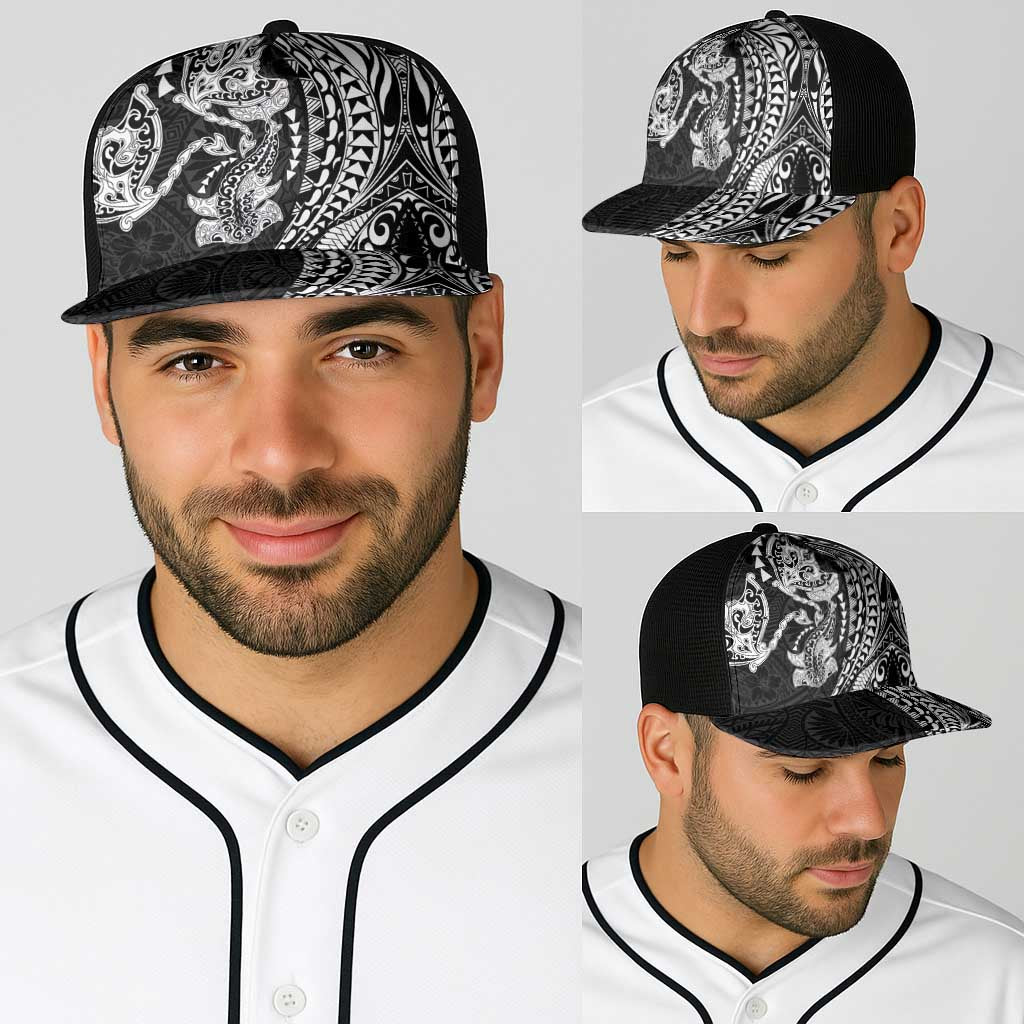 Hawaiian Manta Ray and Hammerhead Shark Tribal Tattoo Baseball Net Cap with Polynesian Tribal Pattern Black-White Color