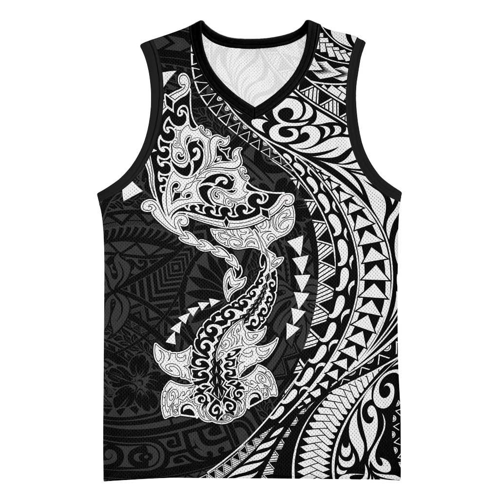 Hawaiian Manta Ray and Hammerhead Shark Tribal Tattoo Basketball Jersey with Polynesian Tribal Pattern Black-White Color LT03 Unisex Multicolor - Polynesian Pride