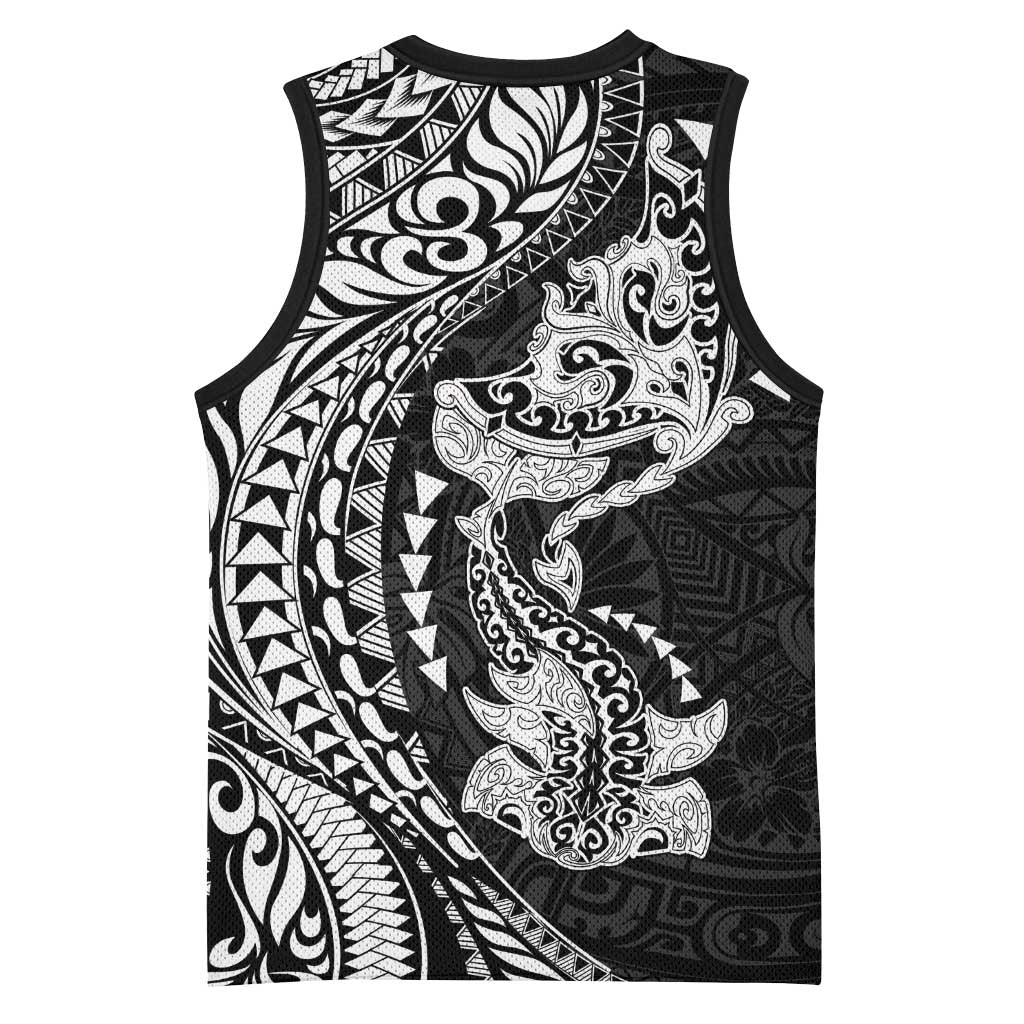 Hawaiian Manta Ray and Hammerhead Shark Tribal Tattoo Basketball Jersey with Polynesian Tribal Pattern Black-White Color LT03 - Polynesian Pride
