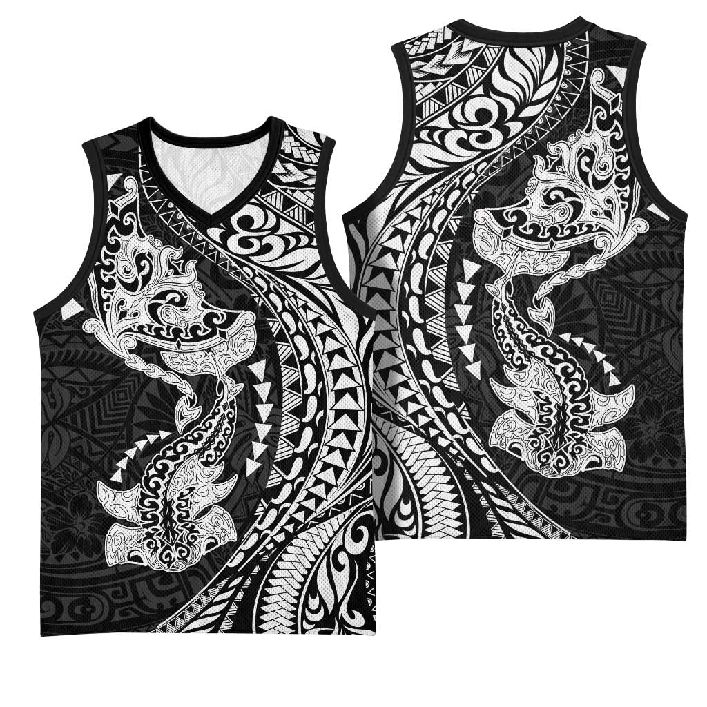Hawaiian Manta Ray and Hammerhead Shark Tribal Tattoo Basketball Jersey with Polynesian Tribal Pattern Black-White Color LT03 - Polynesian Pride