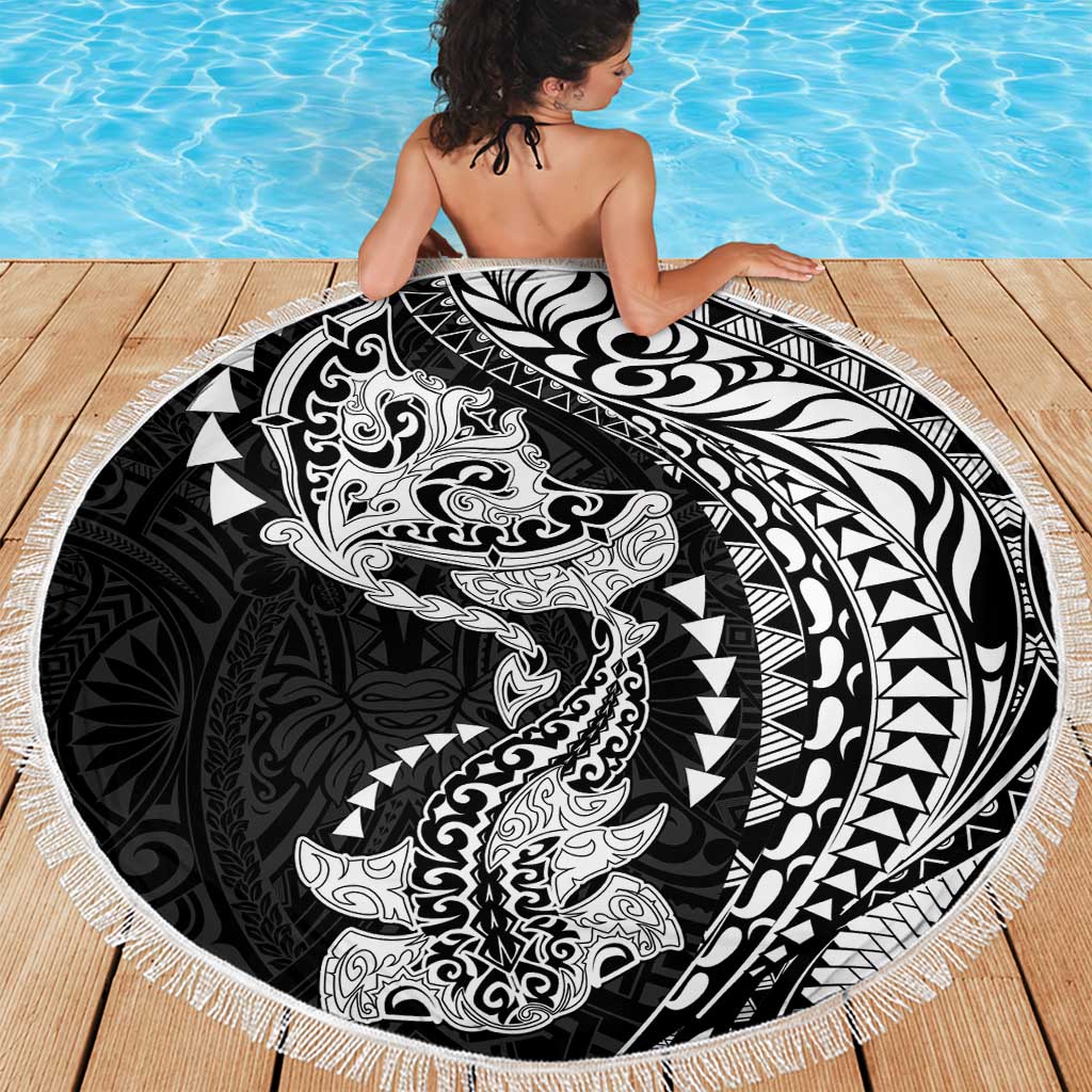 Hawaiian Manta Ray and Hammerhead Shark Tribal Tattoo Beach Blanket with Polynesian Tribal Pattern Black-White Color