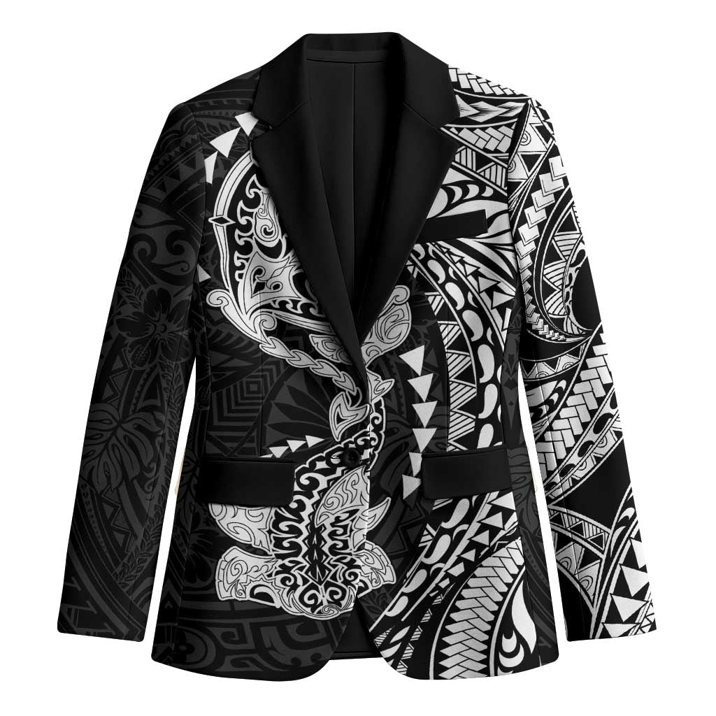 Hawaiian Manta Ray and Hammerhead Shark Tribal Tattoo Blazer with Polynesian Tribal Pattern Black-White Color